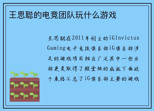 王思聪的电竞团队玩什么游戏